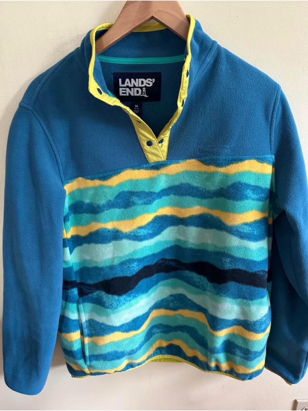 Lands' End Teal, Aqua & Yellow Striped Fleece Pullover
